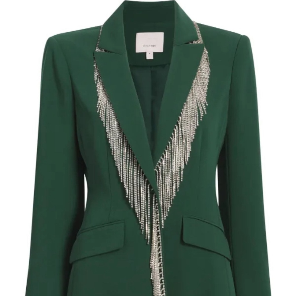 NWT Cinq a Sept 'Cheyenne' Rhinestone Fringe Embellished Blazer, Dark Emerald